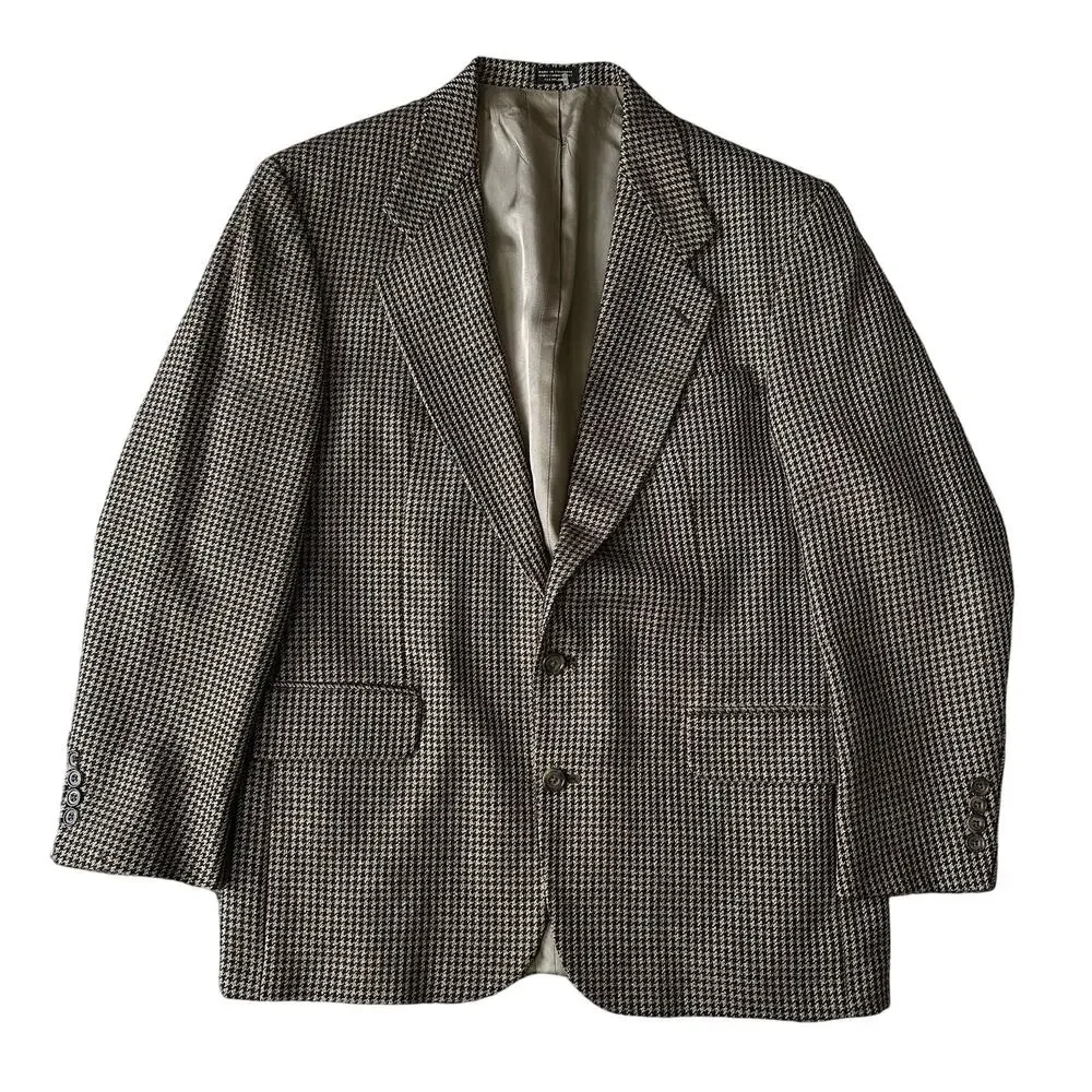 Oscar De La Renta Brown Houndstooth Plaid Blazer Sport Coat  2 Button 42 42R